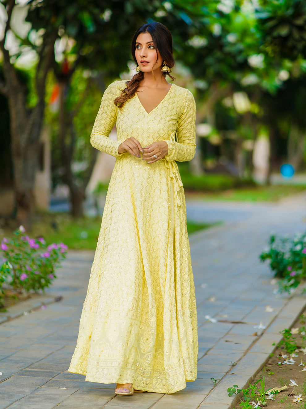 Lemon Heavy Chikankari Embroidered Anarkali Set