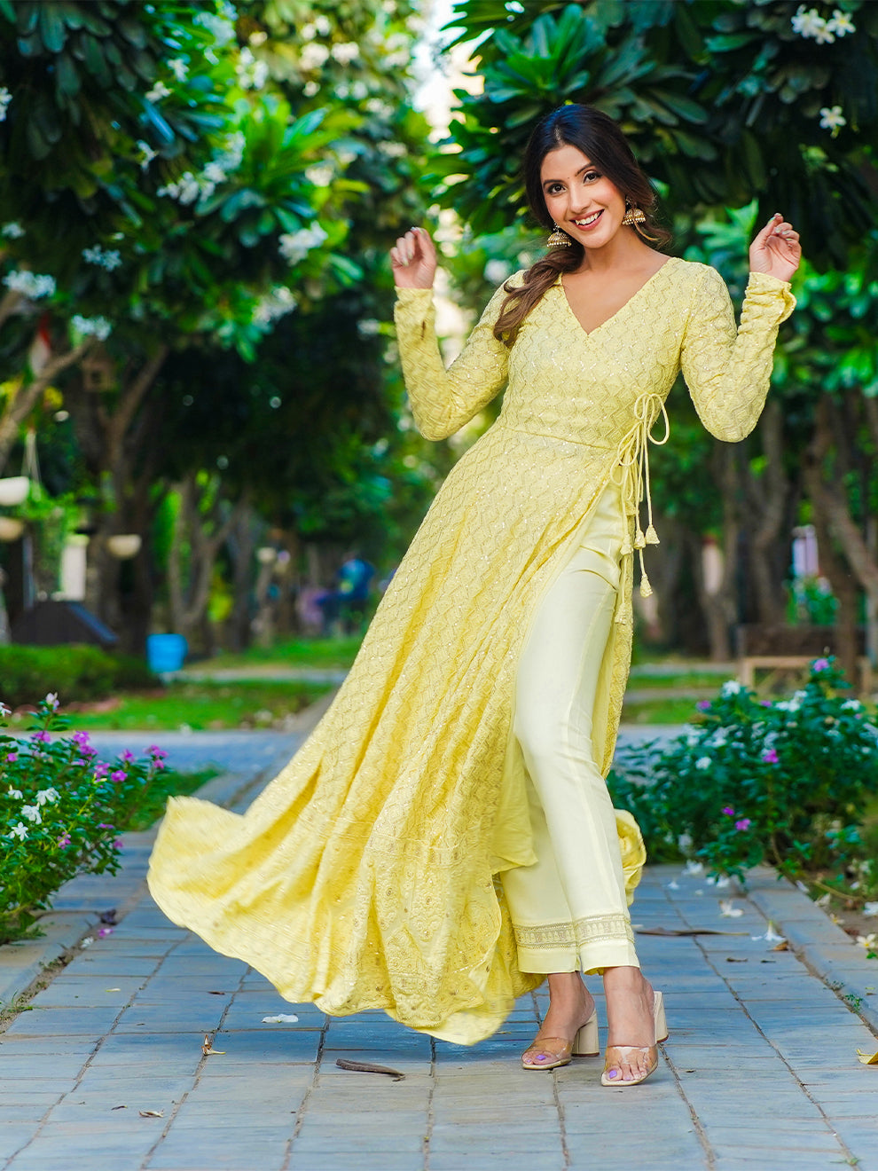 Lemon Heavy Chikankari Embroidered Anarkali Set