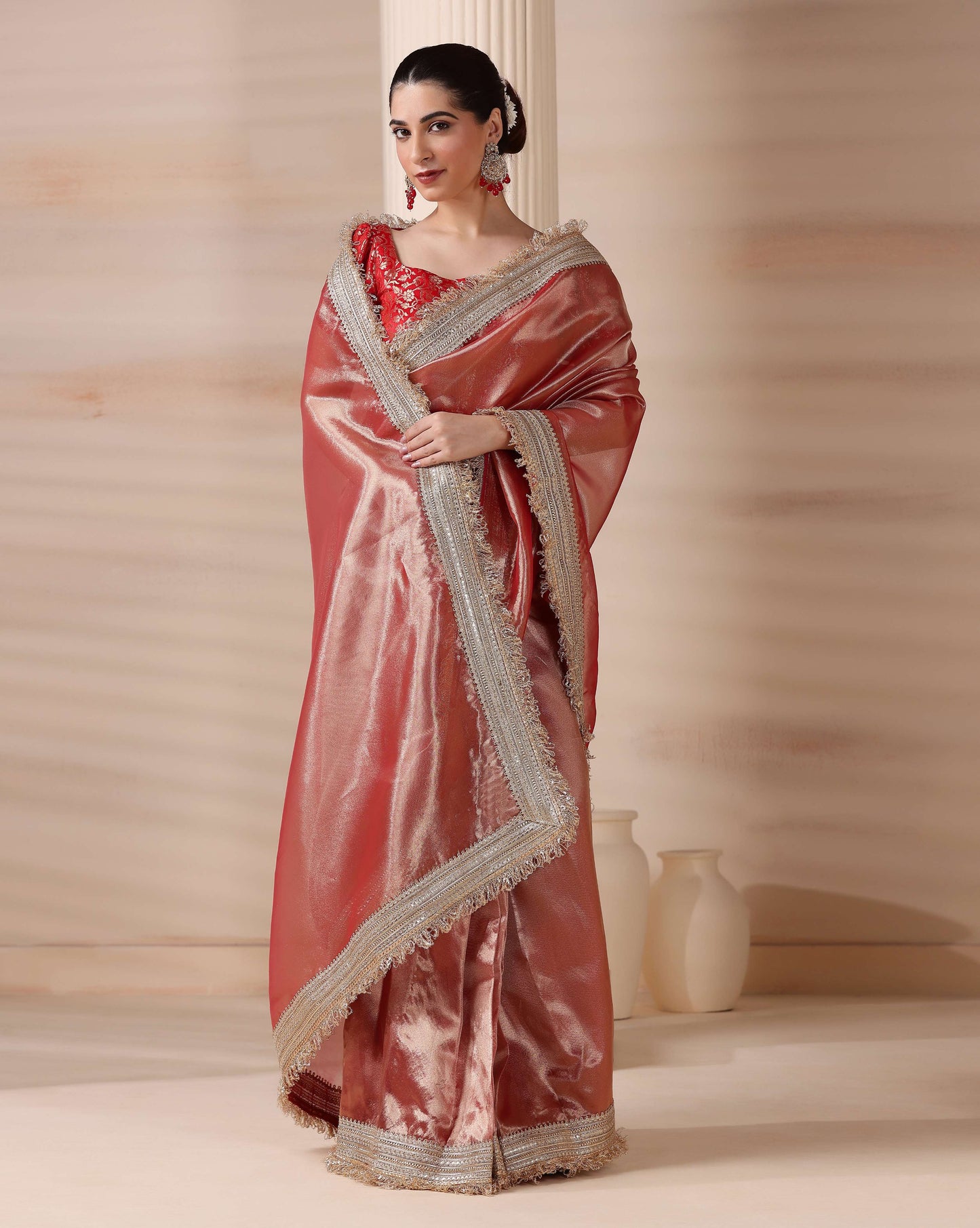 Dreamy Rose Gold Radiance Tissue Saree