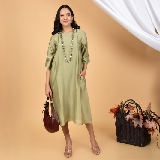 Earthy Green Chanderi Ethnic Dress