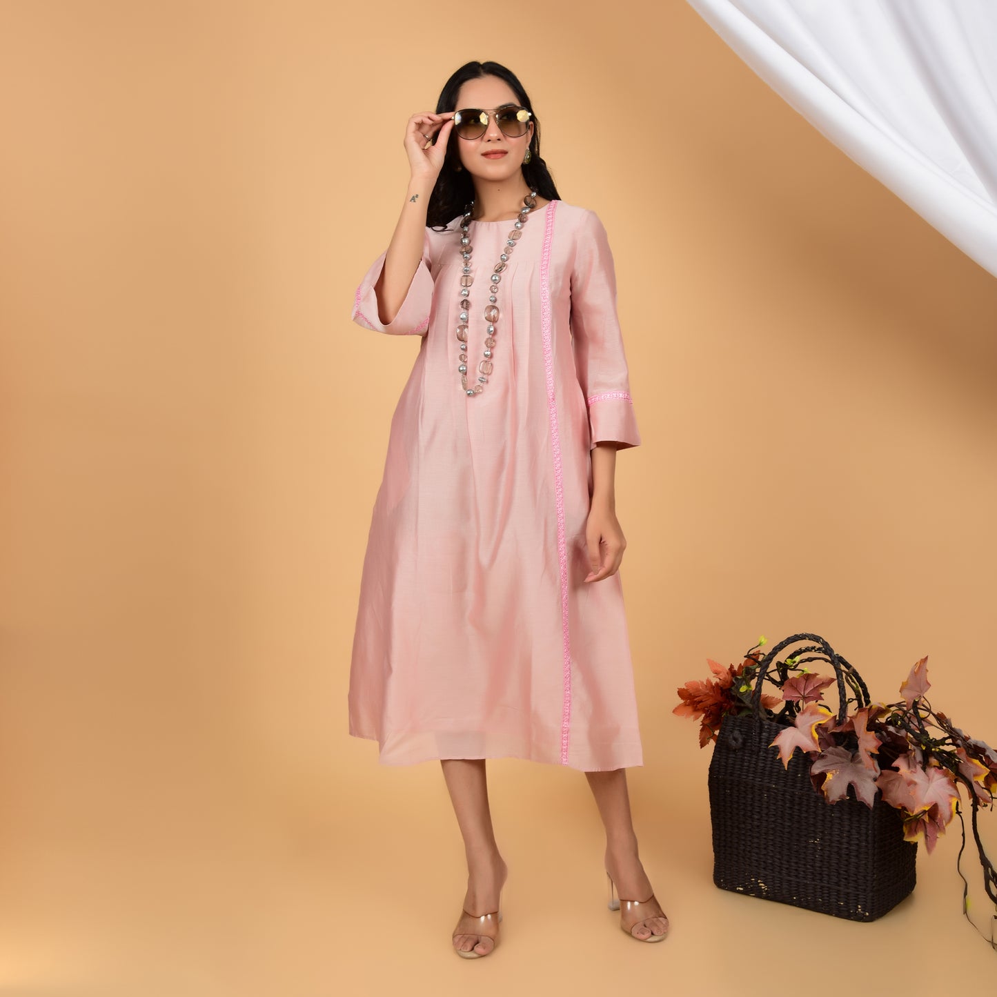 Summer Breeze Peach Lace Chanderi Dress