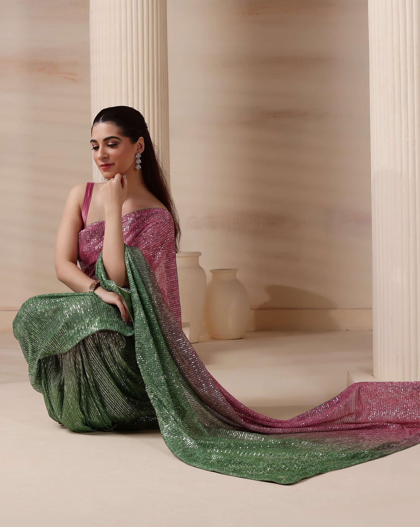 Dazzling Disco Luxe Ombre Sequin Saree with Blouse Fabric