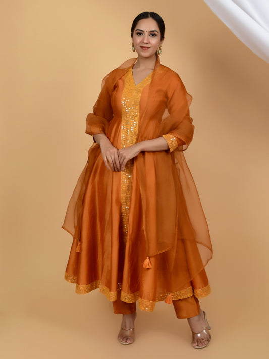 Regal Rust Pure Silk Chanderi Anarkali Ensemble (Set of 3)