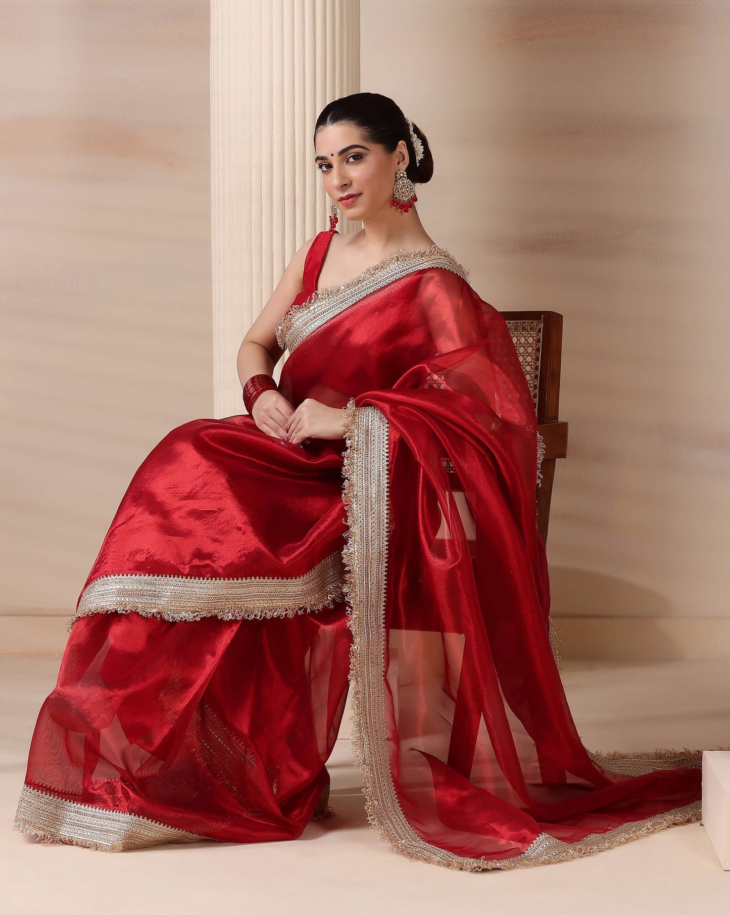 Ravishing Scarlet Radiance Tissue Saree with Luxe Hand Embellished Border