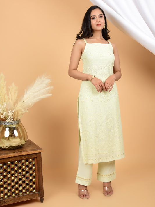 Pista Green Sleeveless Chikankari Kurta & Pant (set of 2)