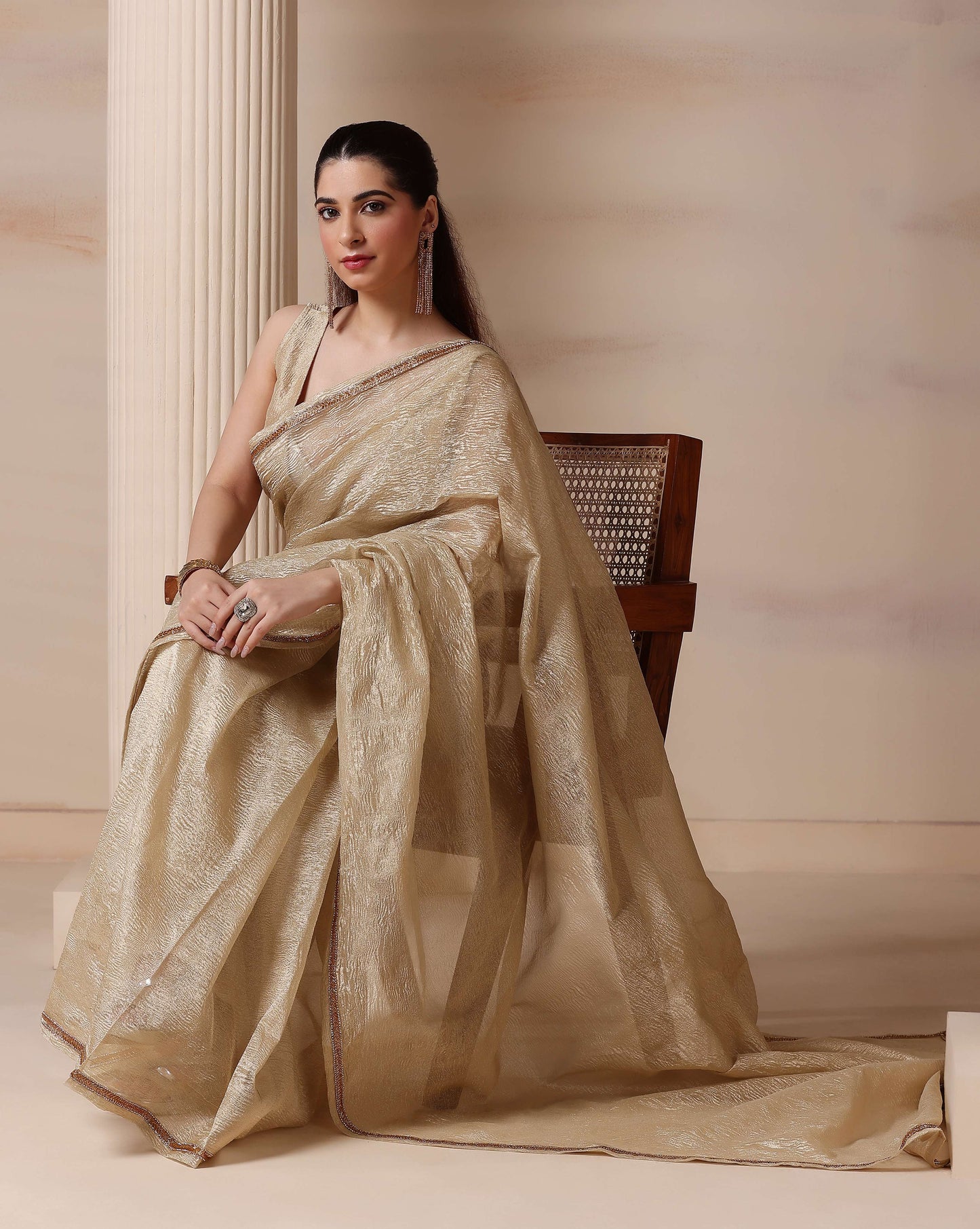 Regal Silver Gold Shimmer Embellished Crush Tissue Saree with Blouse Fabric