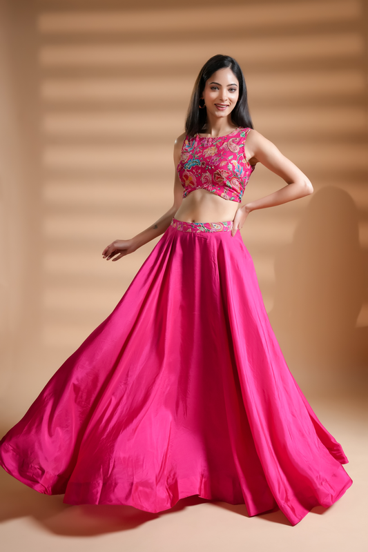Azalea Pink Floral Embroidered Silk Skirt Set
