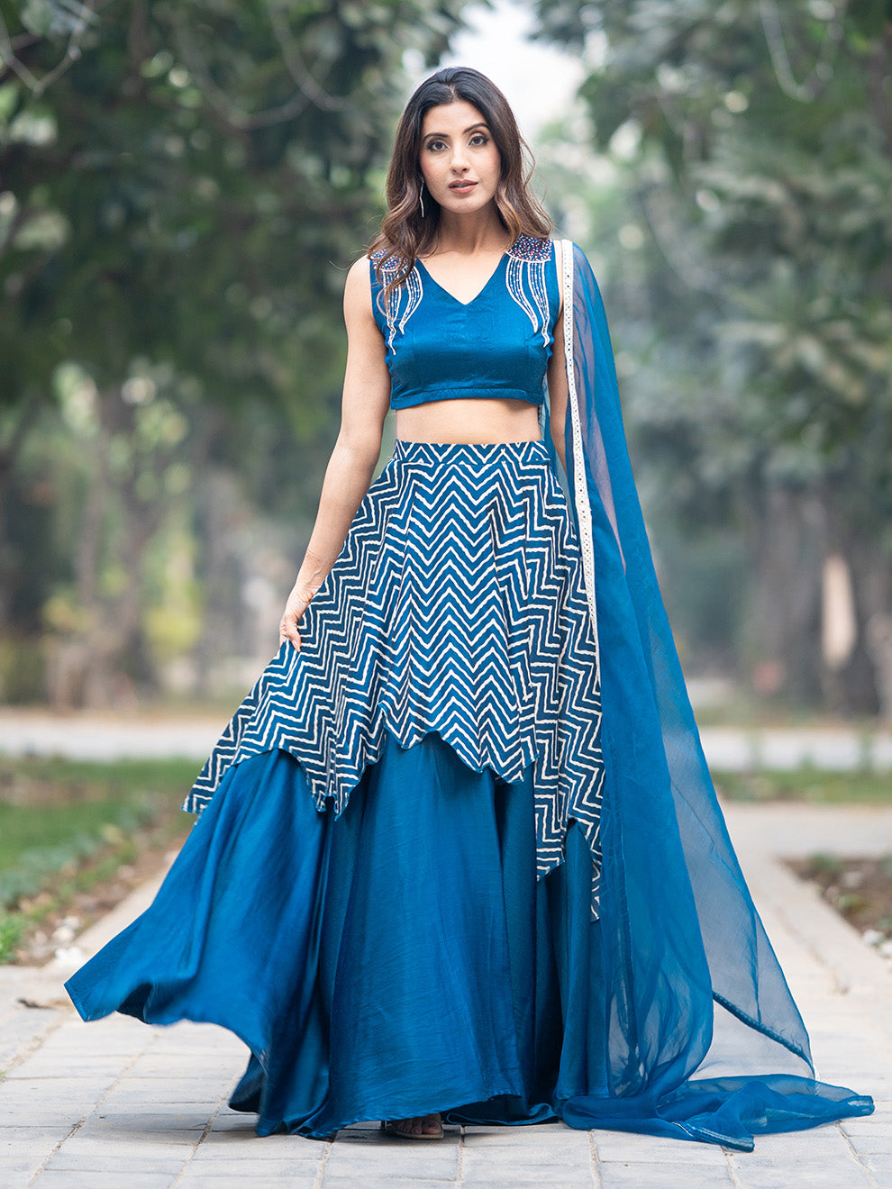 Rich Blue Silk Hand-embroidered Blouse and Double Skirt Lehenga Set