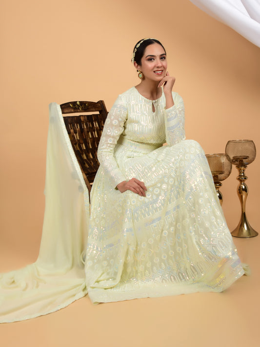 Luxurious Sequins Chikankari Anarkali with Dupatta & Belt