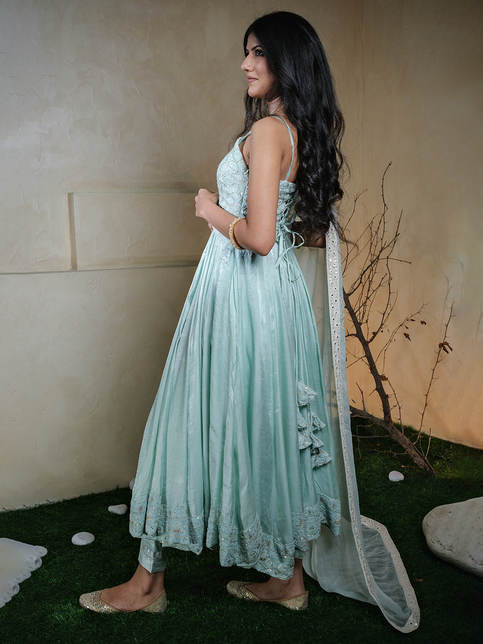 Mint Green Chikankari Embroidered Anarkali Set with Dupatta & Belt