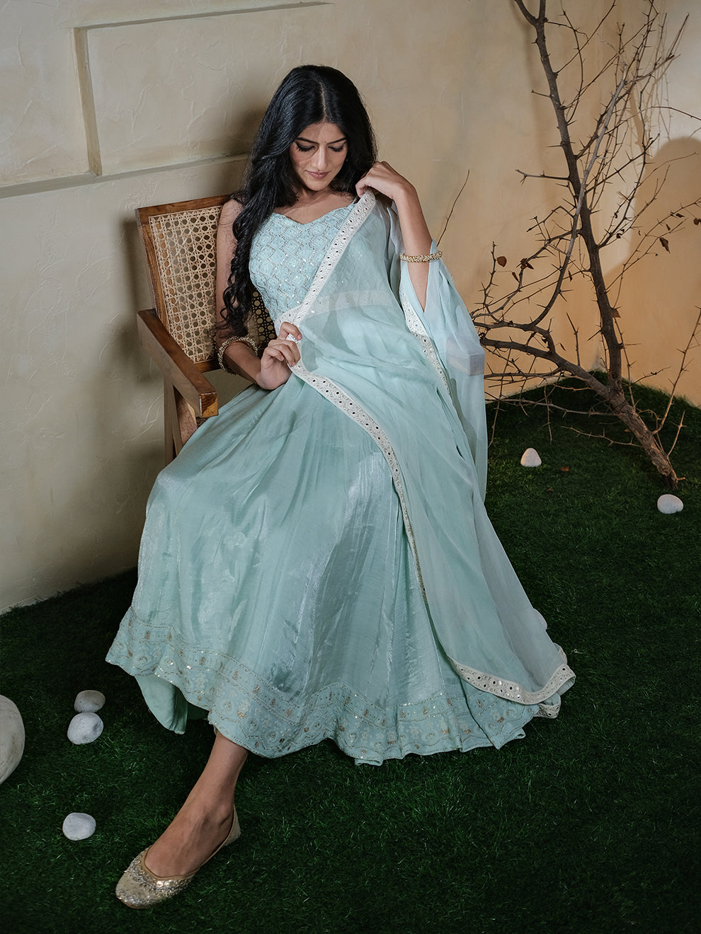 Mint Green Chikankari Embroidered Anarkali Set with Dupatta & Belt