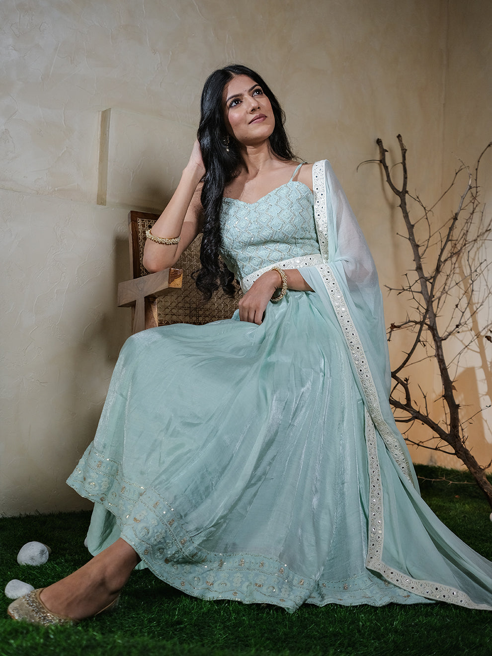 Mint Green Chikankari Embroidered Anarkali Set with Dupatta & Belt