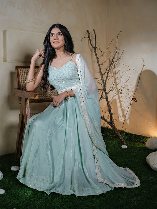 Mint Green Chikankari Embroidered Anarkali Set with Dupatta & Belt