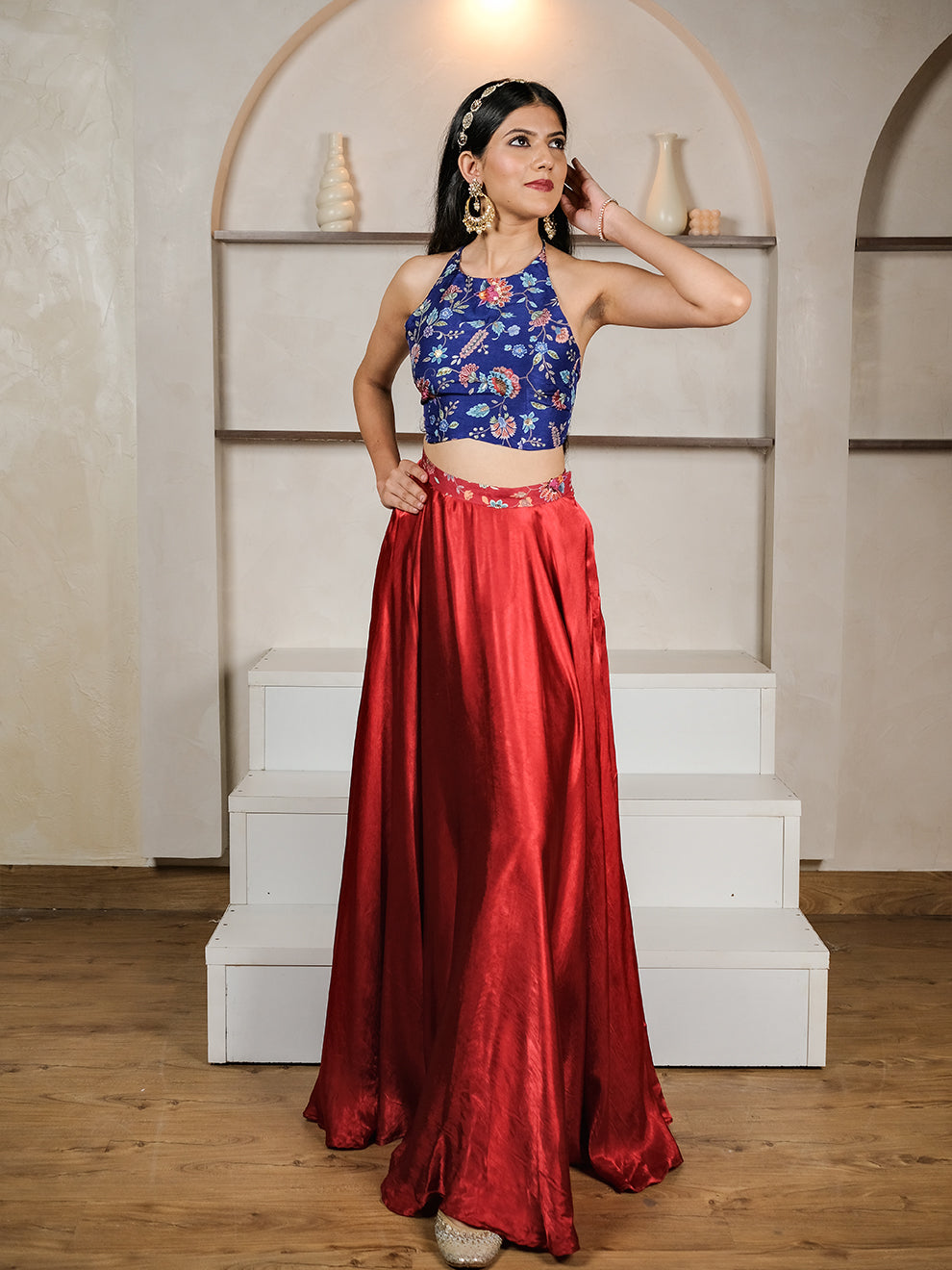 Exotic Blue & Red Embroidered Silk Skirt Set