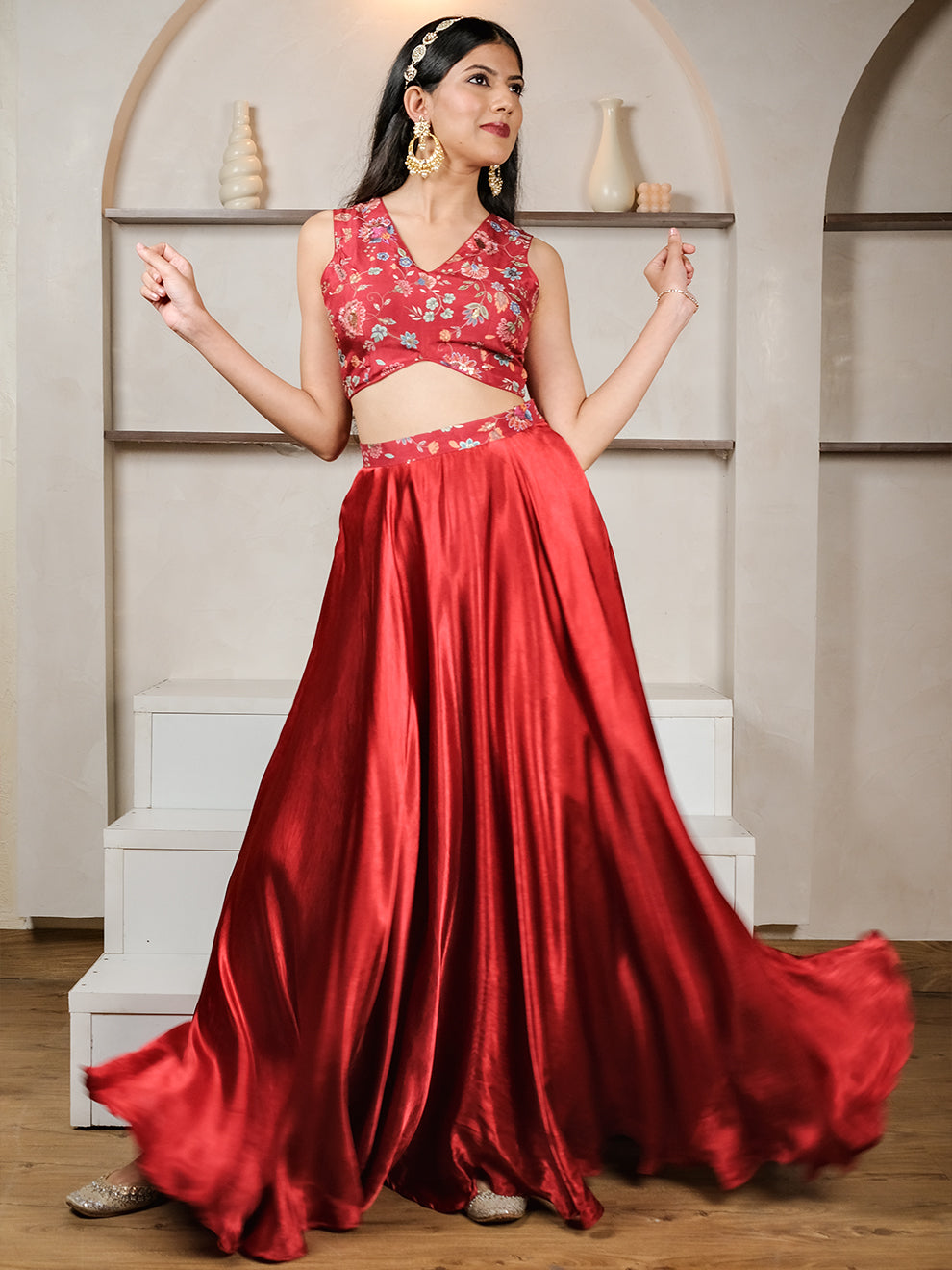 Floral Embroidered Printed Dazzling Red Silk Skirt Set