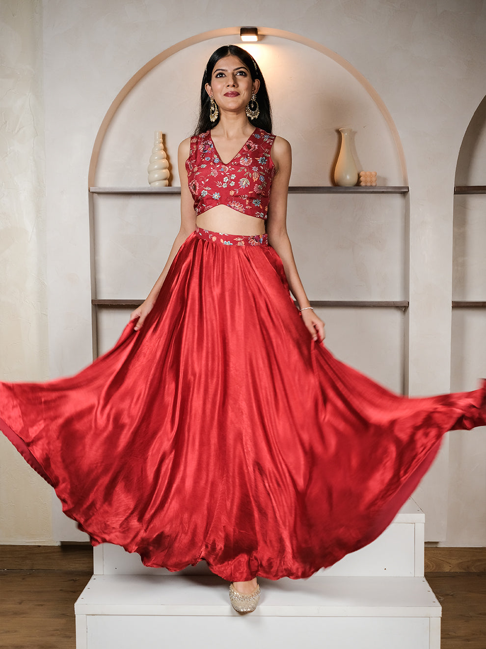 Floral Embroidered Printed Dazzling Red Silk Skirt Set