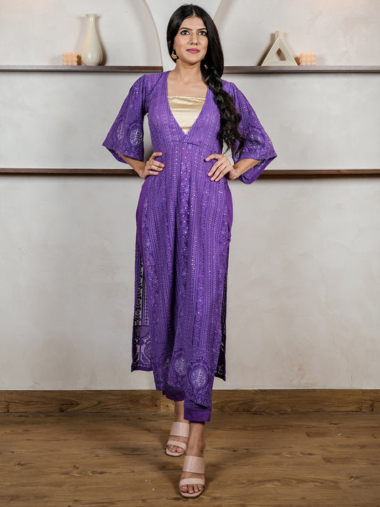 Sparkling Purple Chikankari Kurta Pant Set with Inner