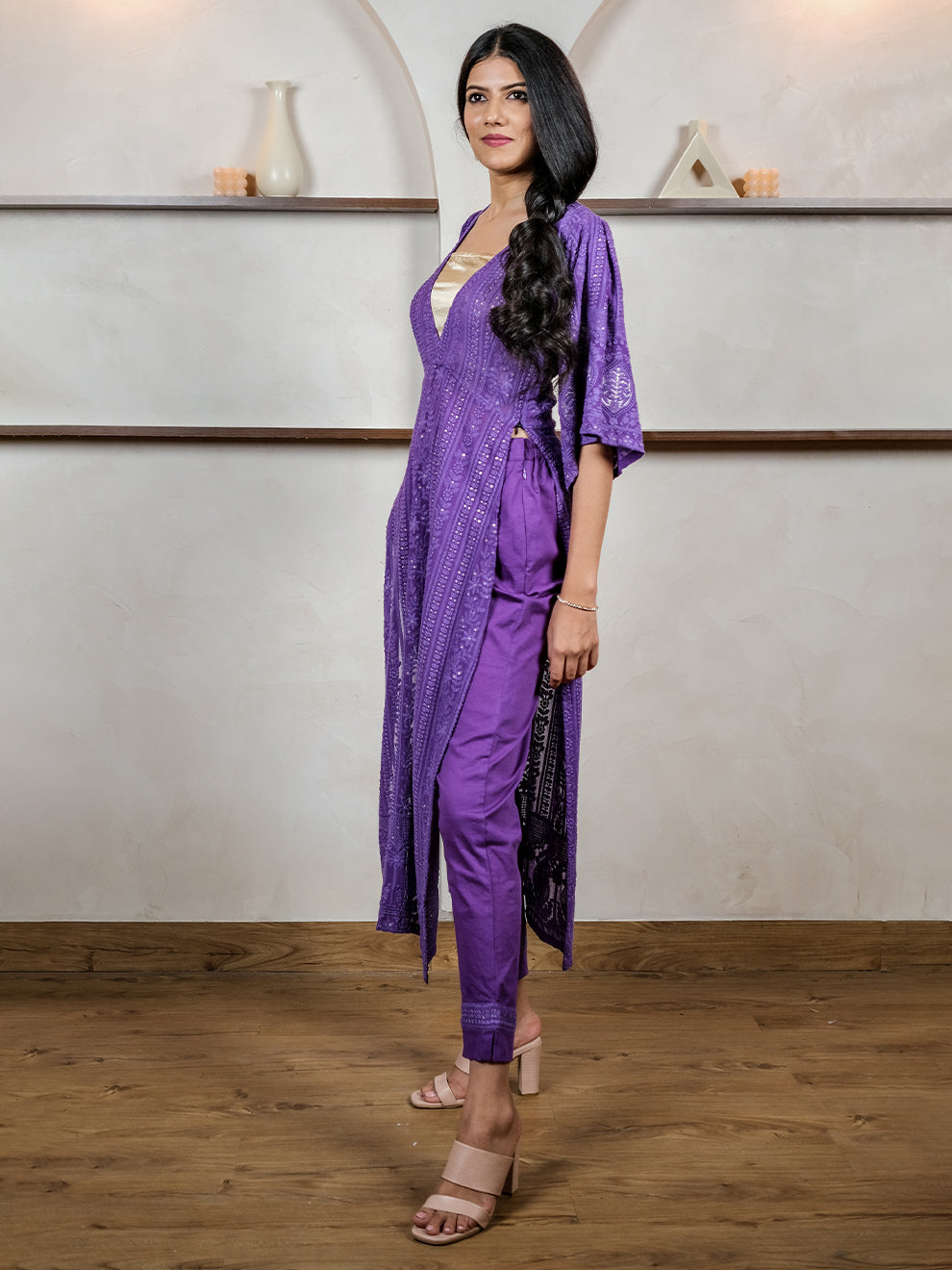 Sparkling Purple Chikankari Kurta Pant Set with Inner