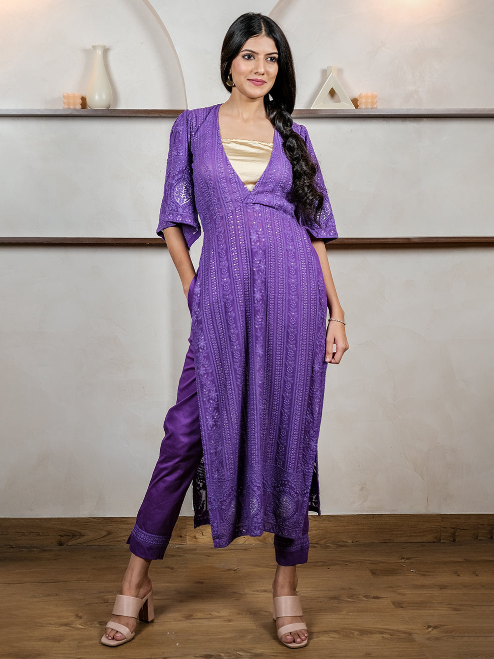 Sparkling Purple Chikankari Kurta Pant Set with Inner
