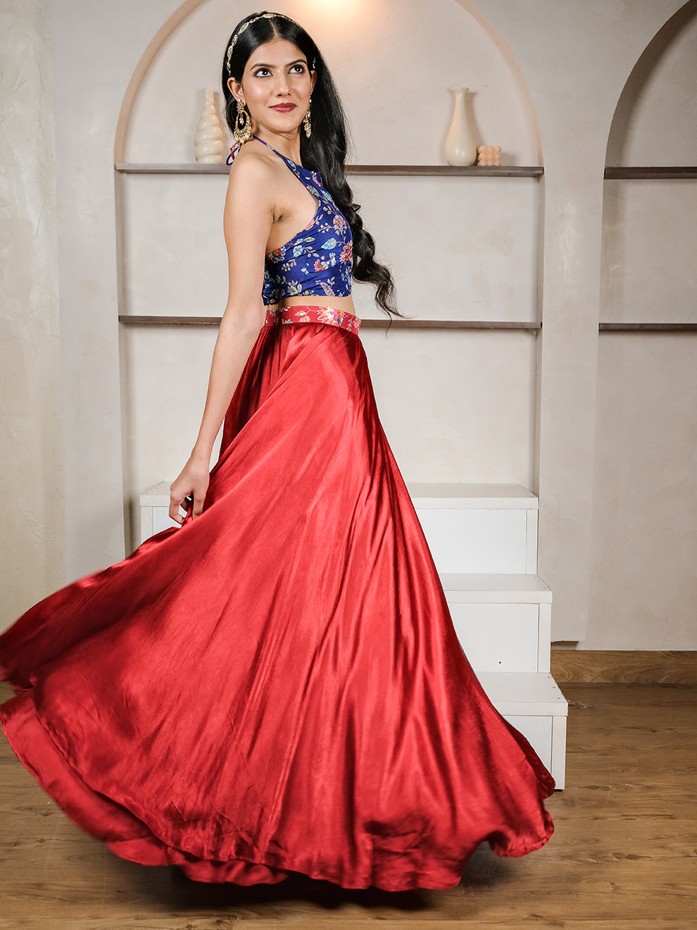 Exotic Blue & Red Embroidered Silk Skirt Set