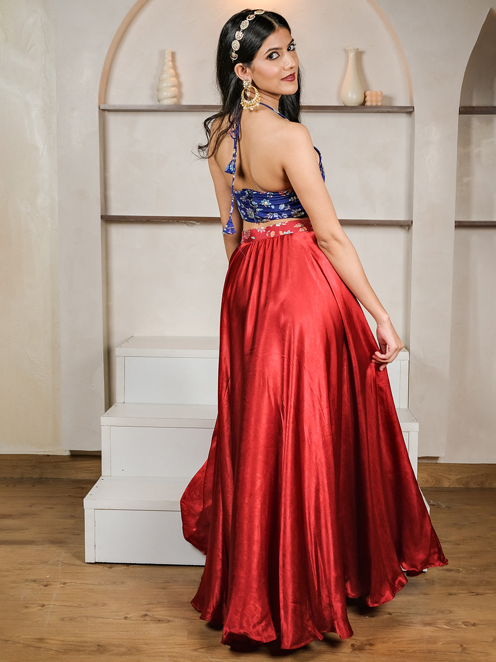 Exotic Blue & Red Embroidered Silk Skirt Set