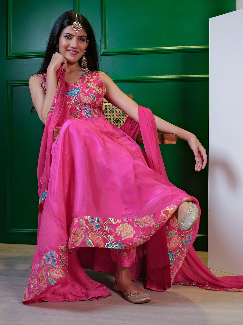 Hot Pink Floral Embroidered Anarkali Set (Set of 3)