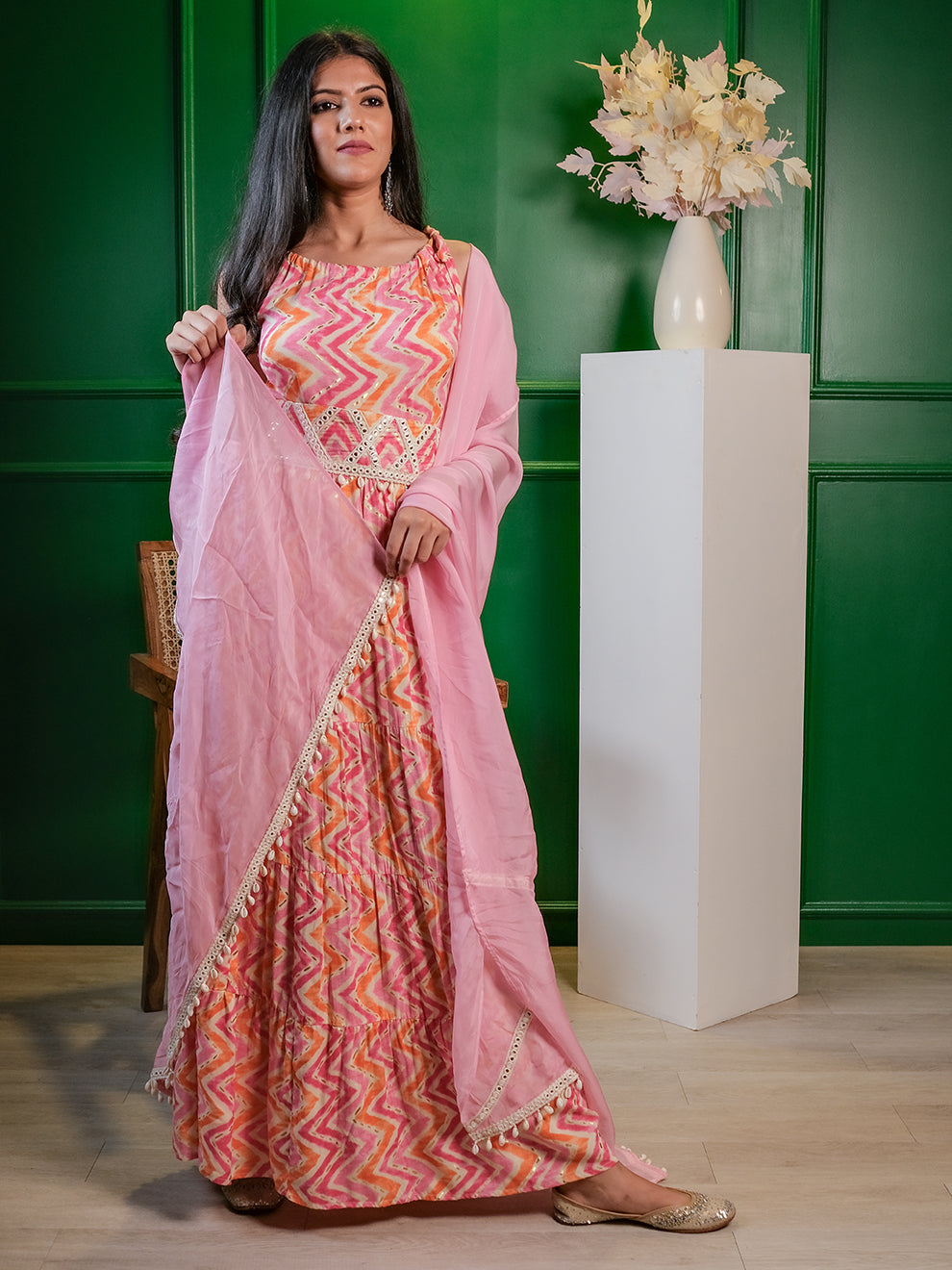 Glinting Pink Leheriya Ethnic Set with Embroidered Lace Dupatta & Belt