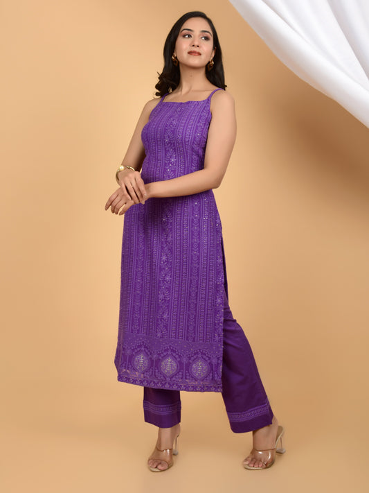 Purple Sleeveless Chikankari kurta and Pant (Set of 2)