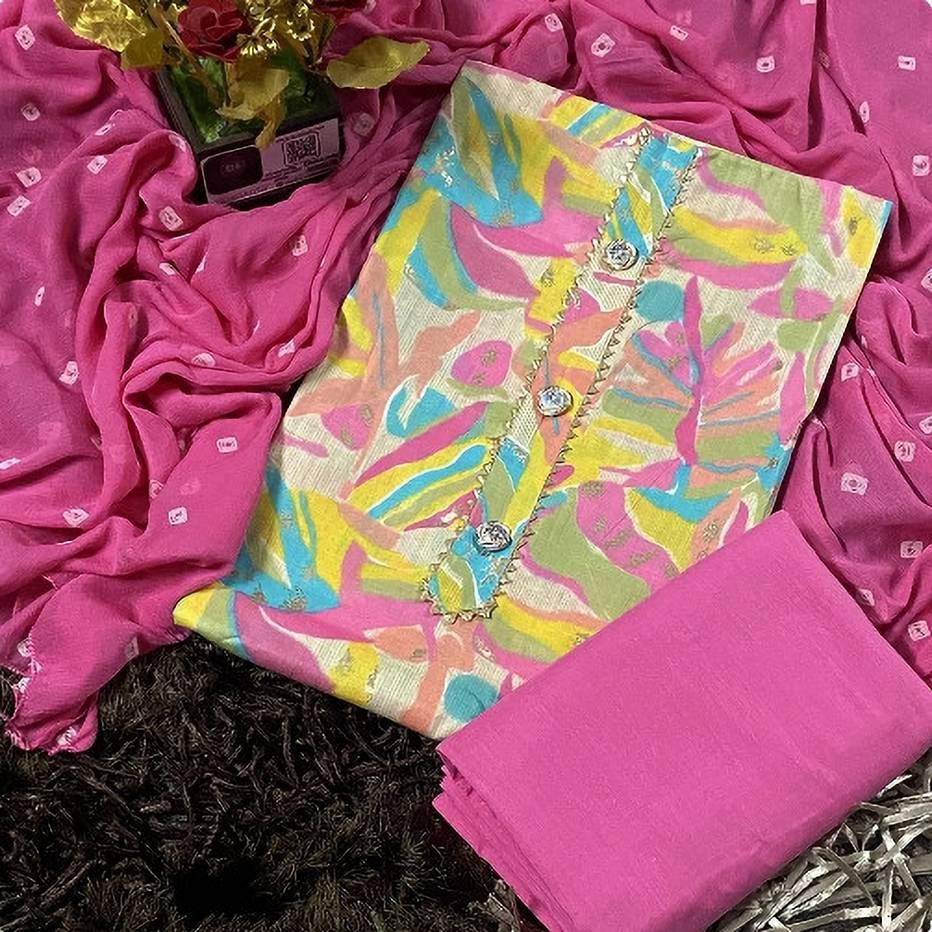 Multicolor Abstract Printed Cotton Unstitched Suit Set with Pink Dupatta