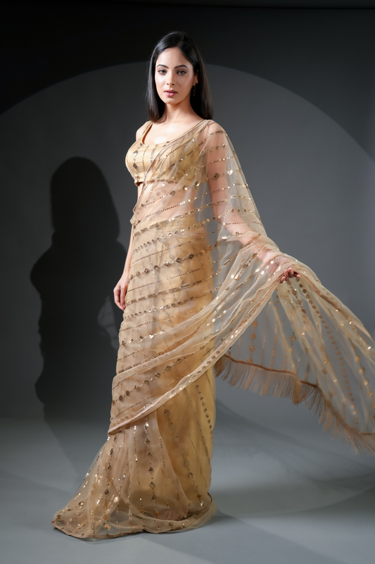 Vibrant Golden Embellished Saree with Blouse Fabric
