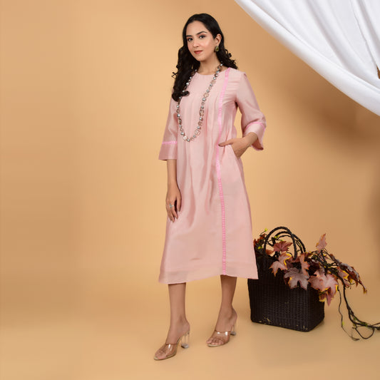 Summer Breeze Peach Lace Chanderi Dress