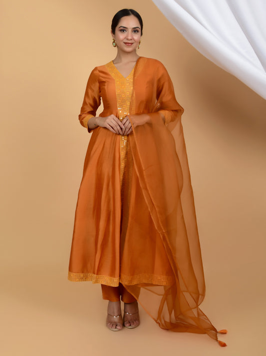 Regal Rust Pure Silk Chanderi Anarkali Ensemble (Set of 3)