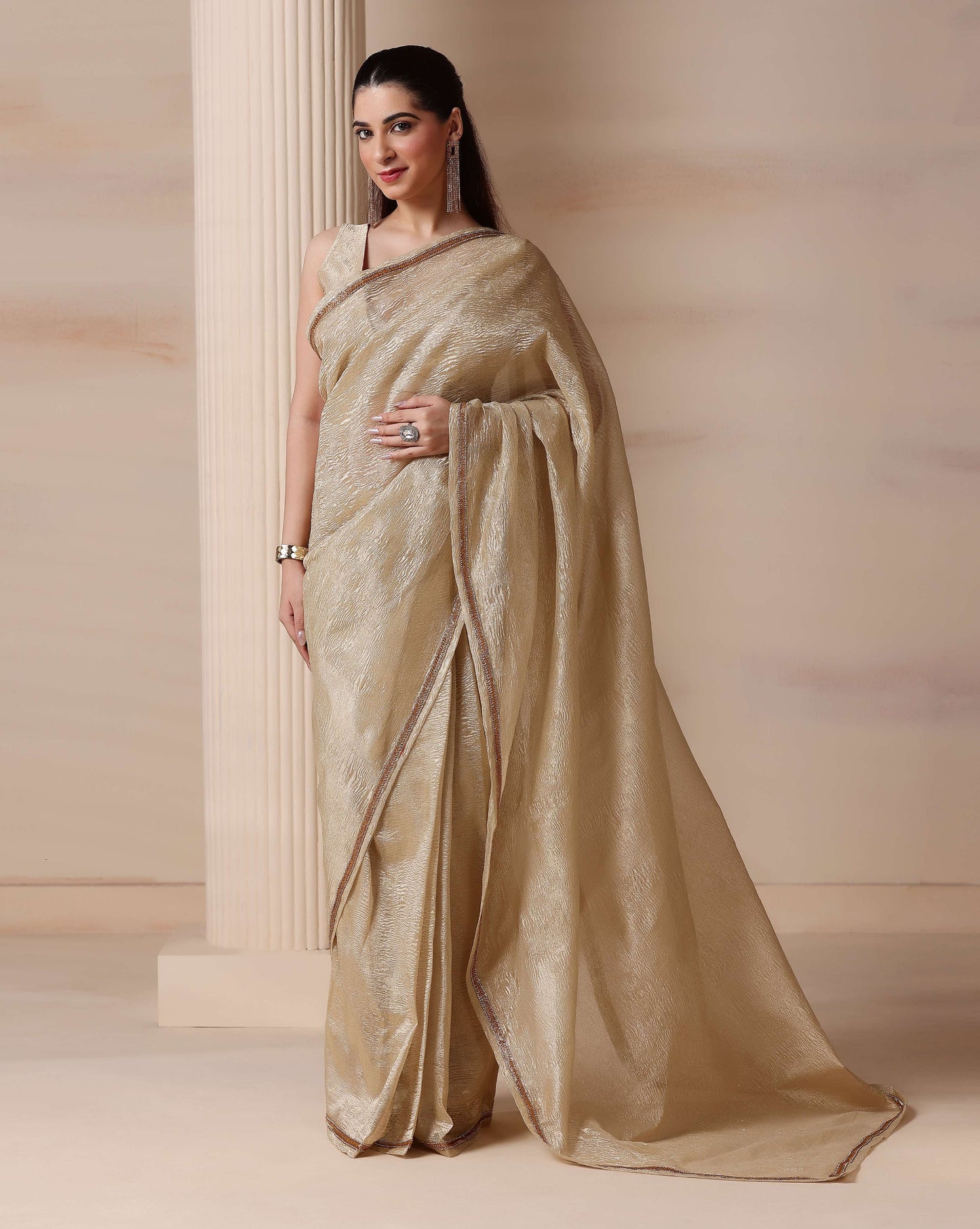 Regal Silver Gold Shimmer Embellished Crush Tissue Saree with Blouse Fabric