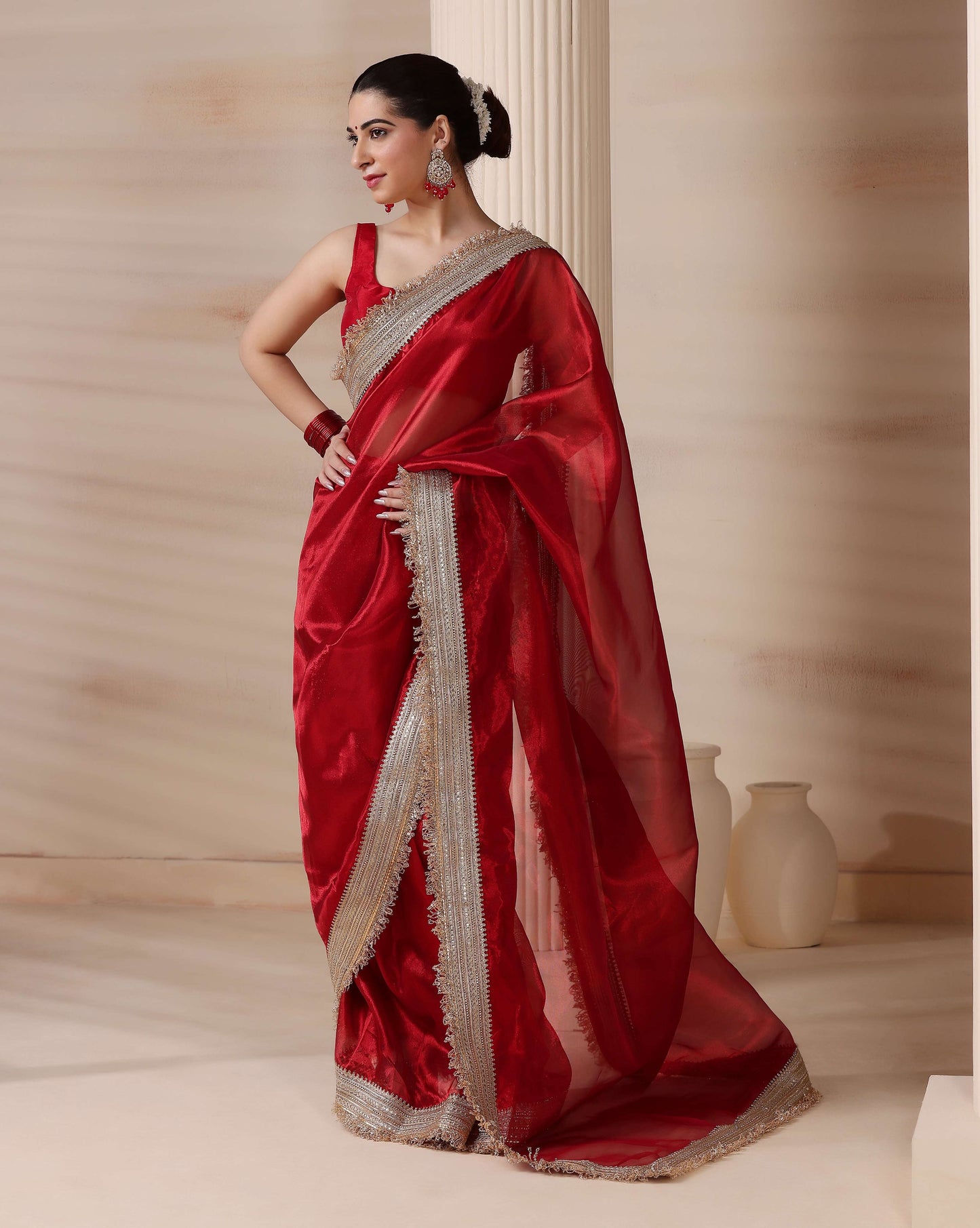 Ravishing Scarlet Radiance Tissue Saree with Luxe Hand Embellished Border