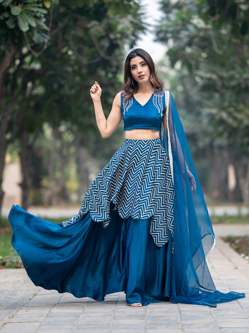 Rich Blue Silk Hand-embroidered Blouse and Double Skirt Lehenga Set