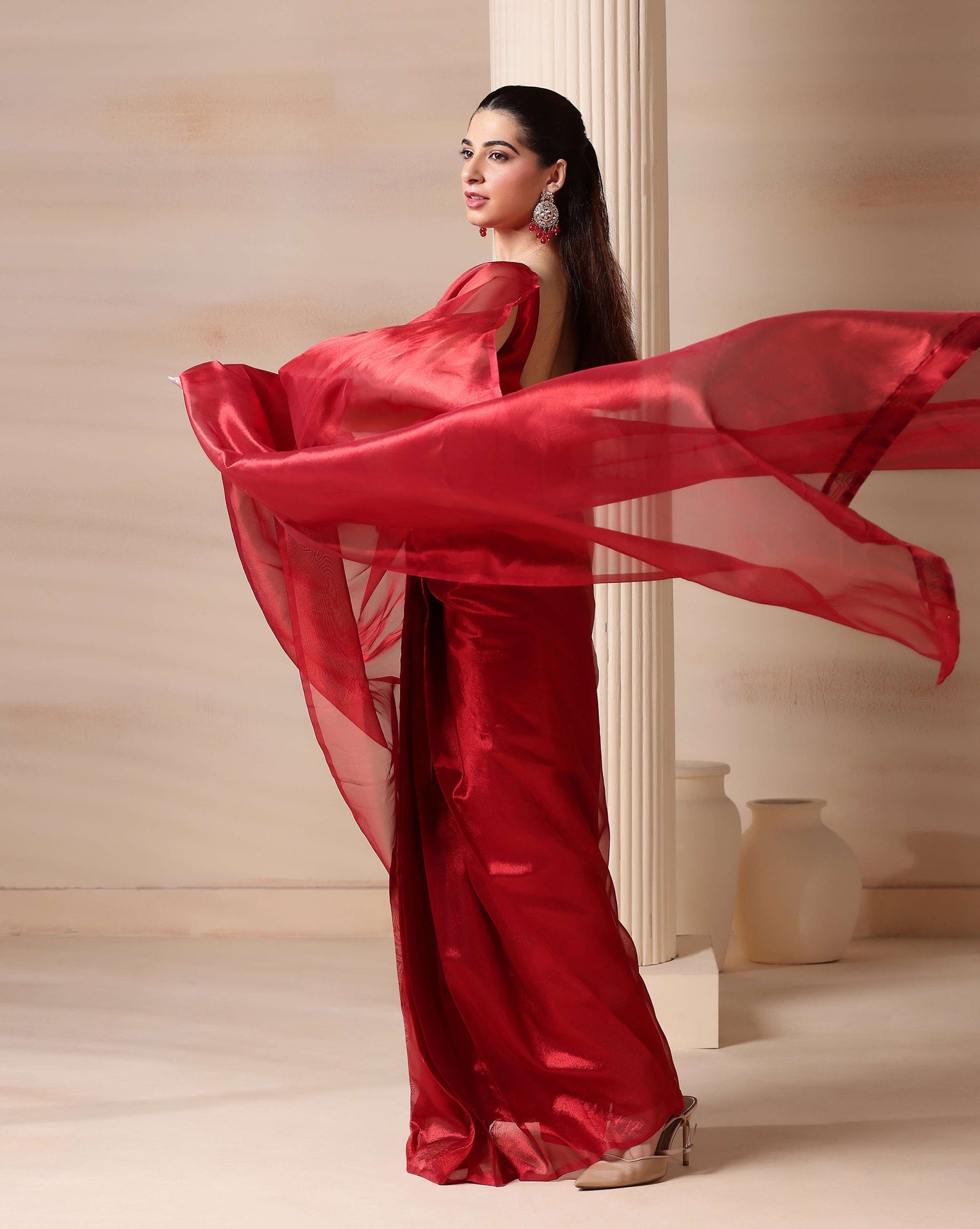 Elegant Red Glow Premium Tissue Saree with Blouse Fabric