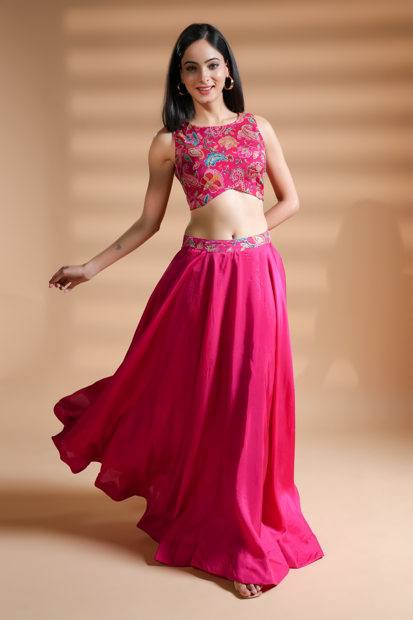 Azalea Pink Floral Embroidered Silk Skirt Set