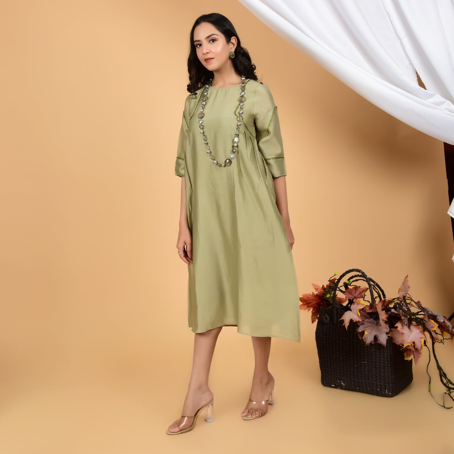 Earthy Green Chanderi Ethnic Dress