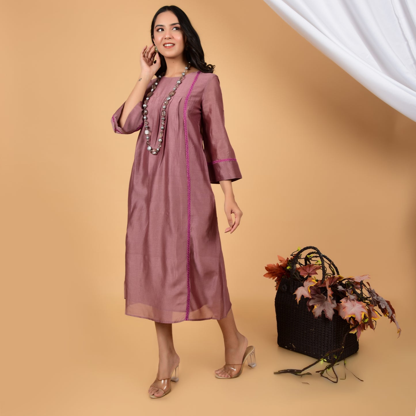 Ethereal Rose Taupe Chanderi Ethnic Dress