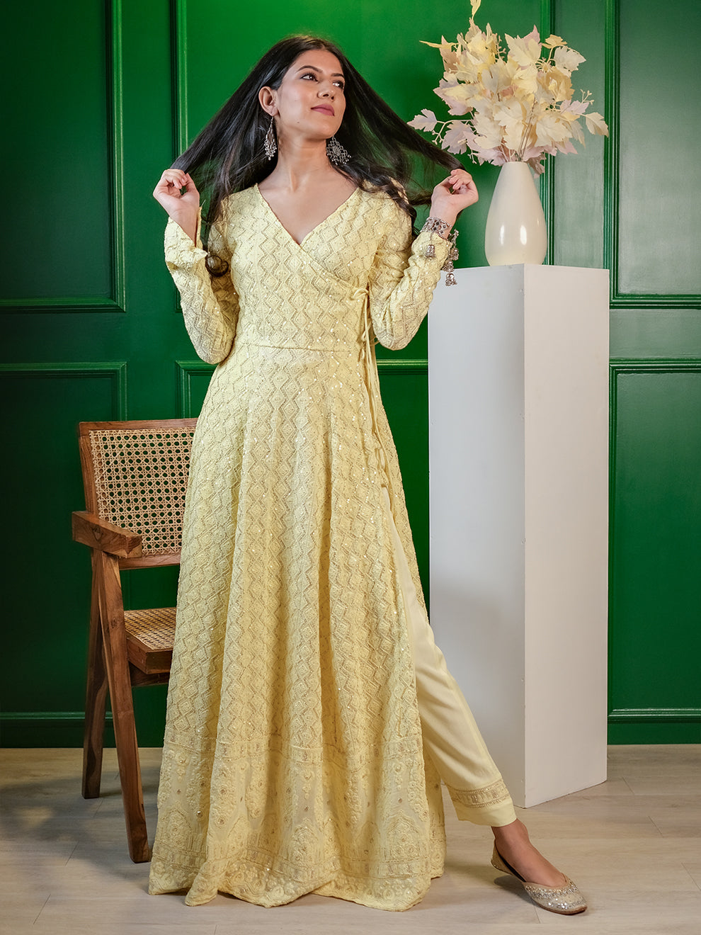 Lemon Heavy Chikankari Embroidered Anarkali Set