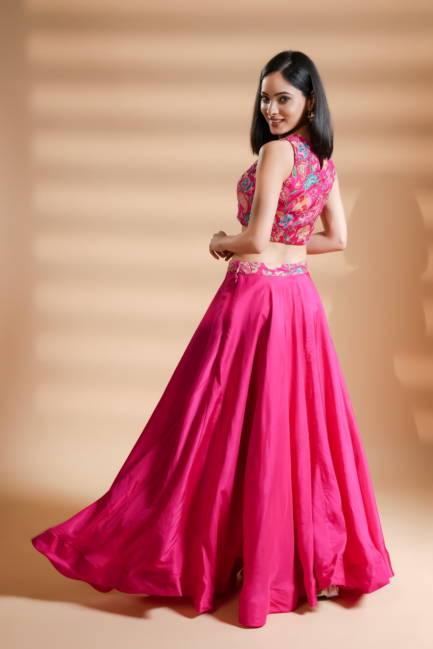 Azalea Pink Floral Embroidered Silk Skirt Set