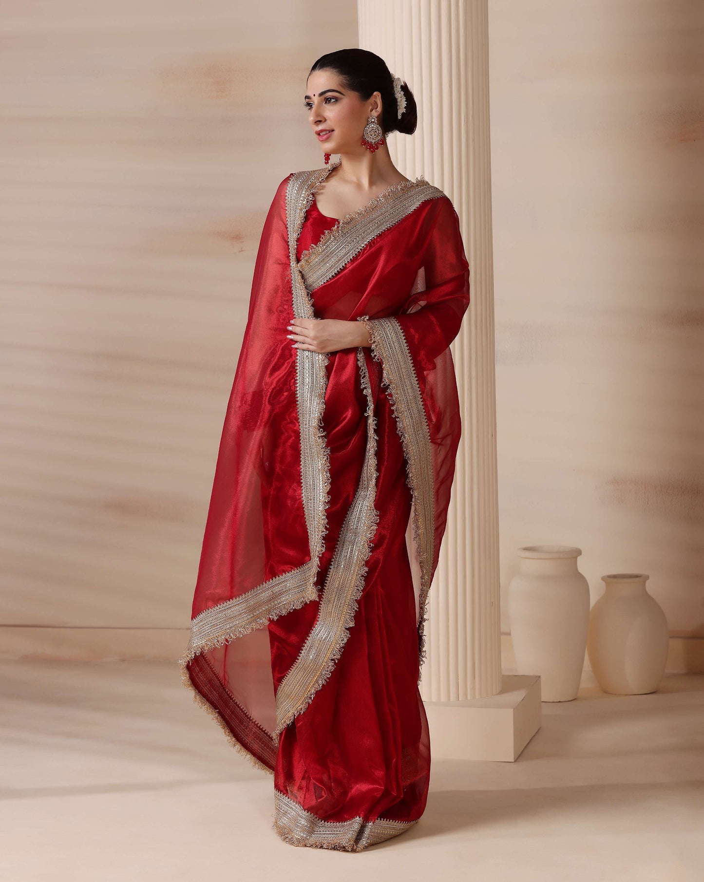 Ravishing Scarlet Radiance Tissue Saree with Luxe Hand Embellished Border