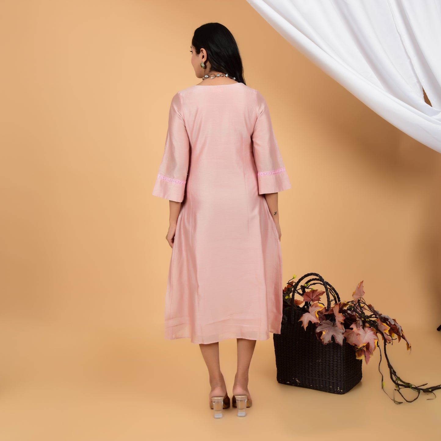 Summer Breeze Peach Lace Chanderi Dress