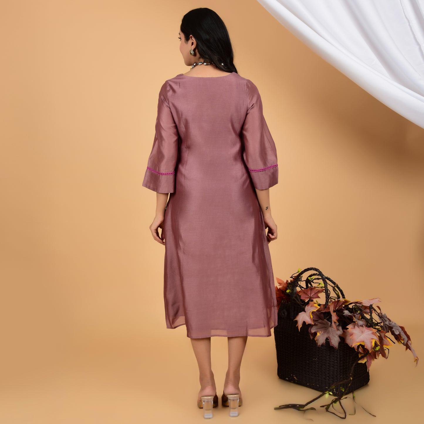Ethereal Rose Taupe Chanderi Ethnic Dress
