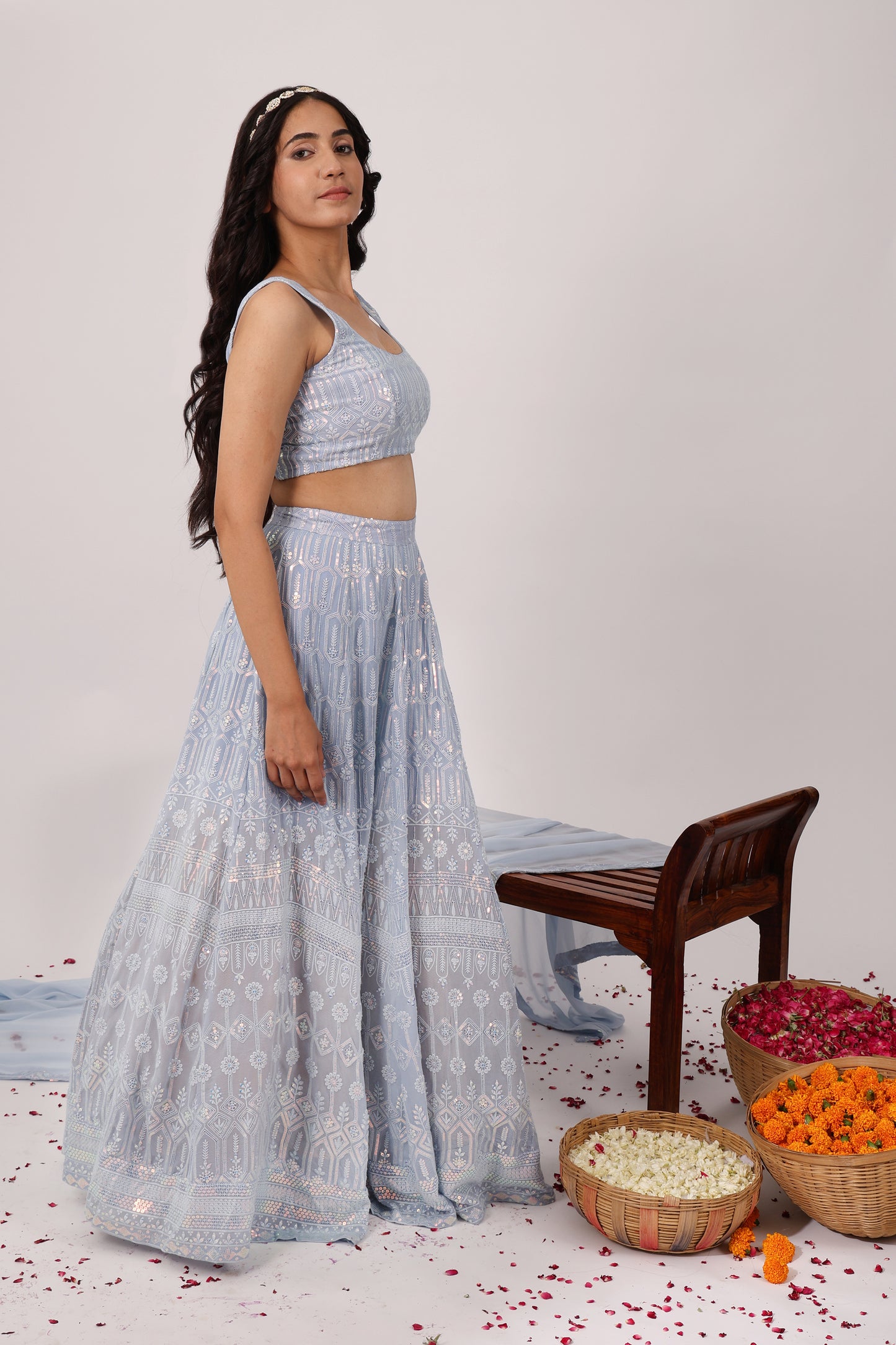 Lavish Heavy Embroidered Chikankari Lehenga Set (Set of 3)