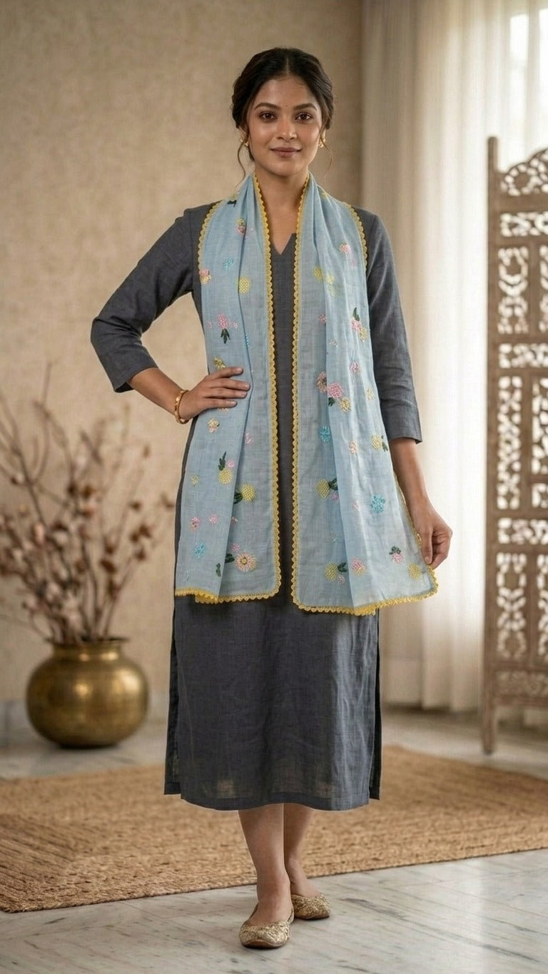 Serene Sky Blue Floral Mul Chanderi Embroidered Lace Stole