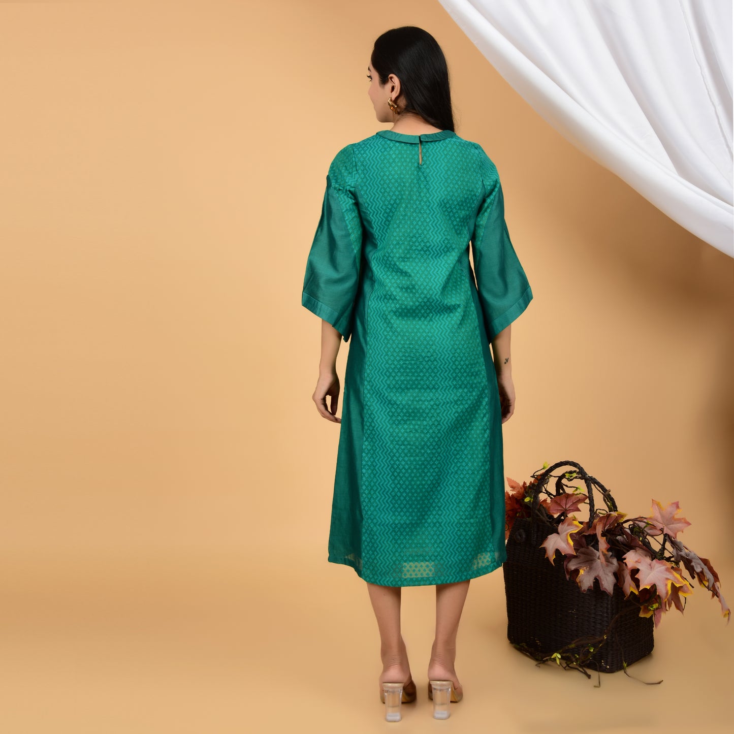 Enchanting Emerald Chanderi Self-Design Dress