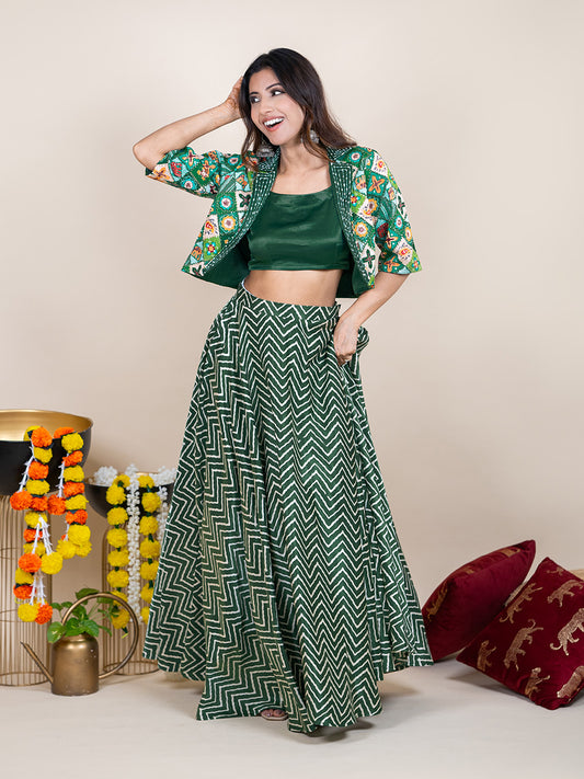 Enchanting Green Silk 3-piece Lehenga Set with Hand-Embroidered Jacket