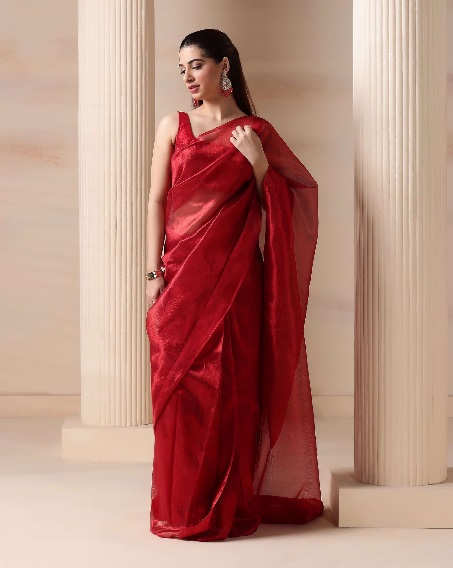 Elegant Red Glow Premium Tissue Saree with Blouse Fabric