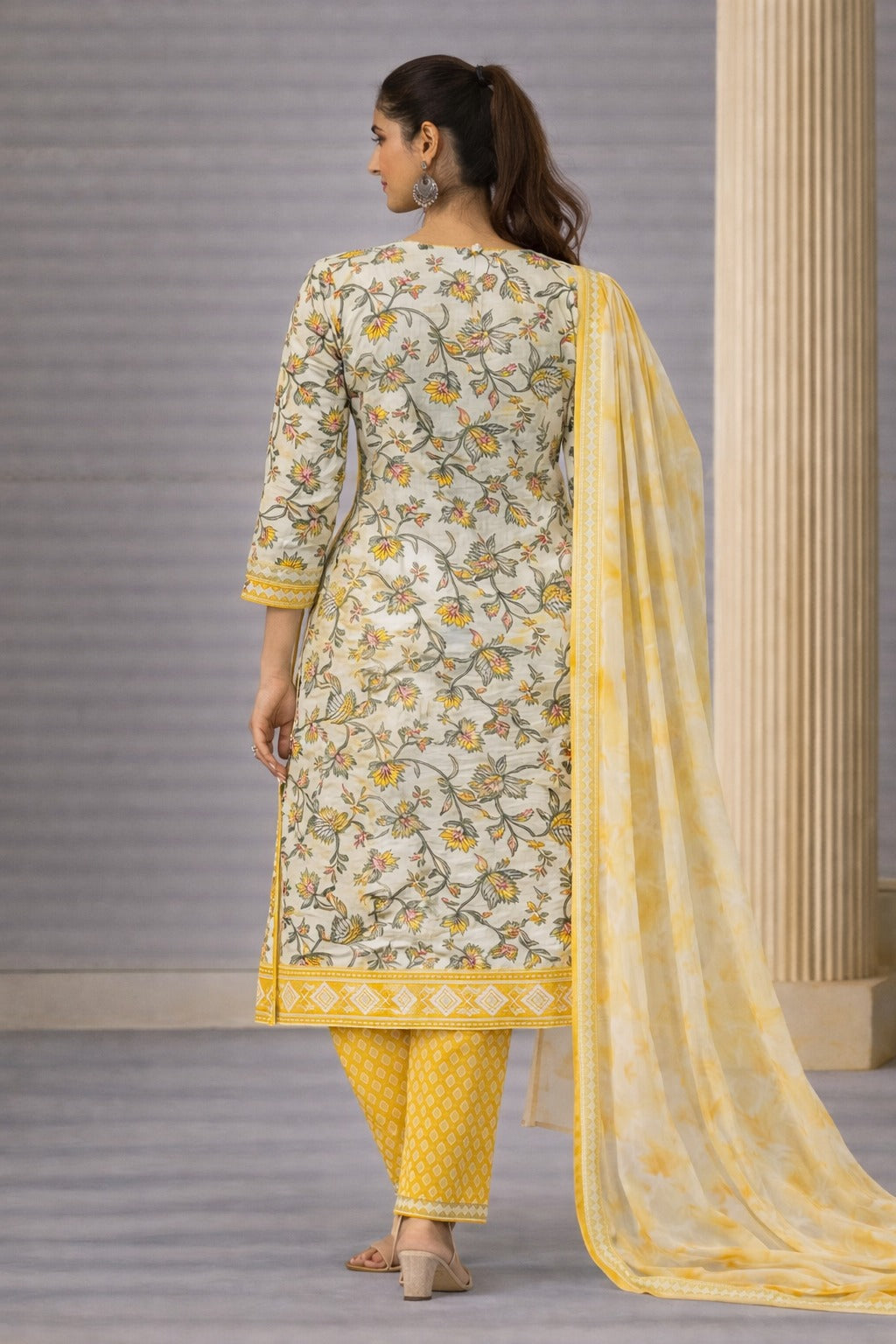 Sunflower Bloom Floral Kalamkari Print Unstitched Cotton Suit Set